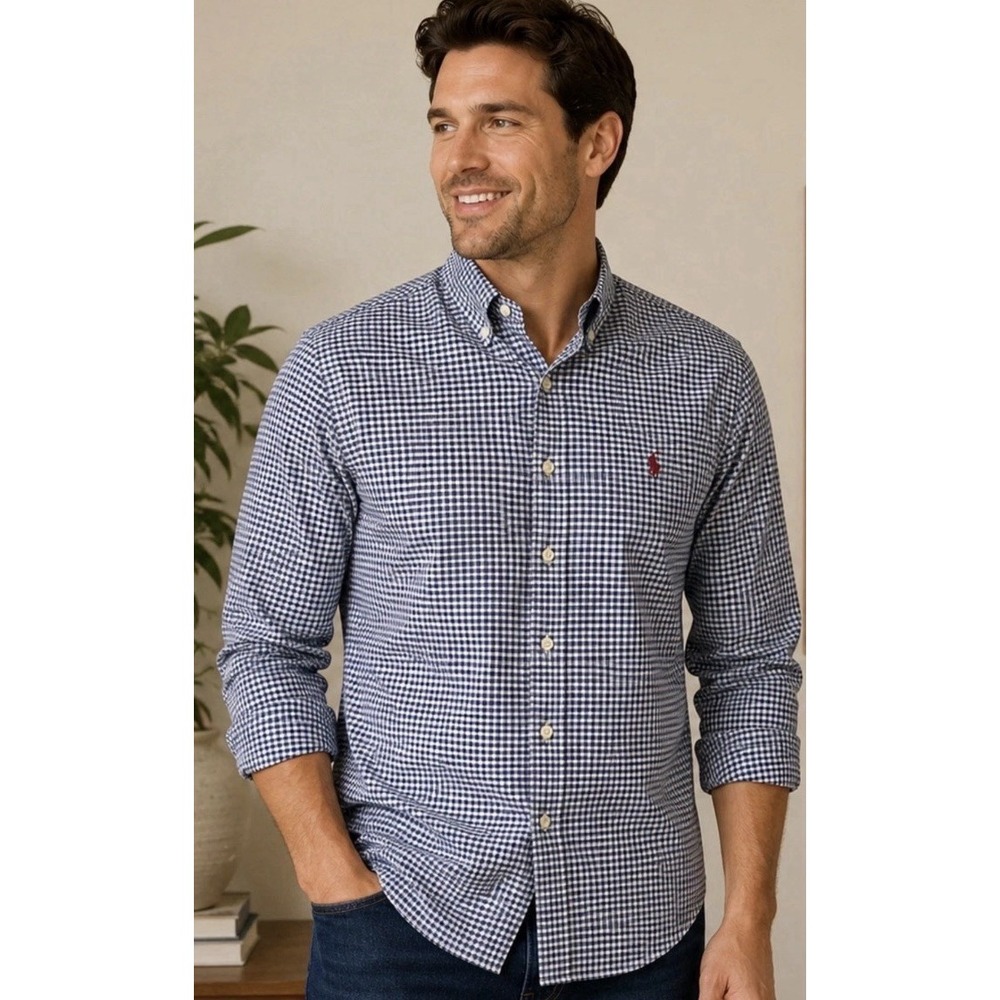 Polo Ralph Lauren Button Down Men's Size M Blue Gingham Knit Dress Shirt Pima
